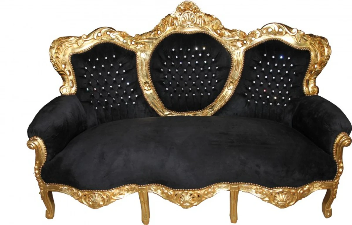 Casa Padrino Baroque sofa  King  Black / Gold with Bling Bling Rhinestones