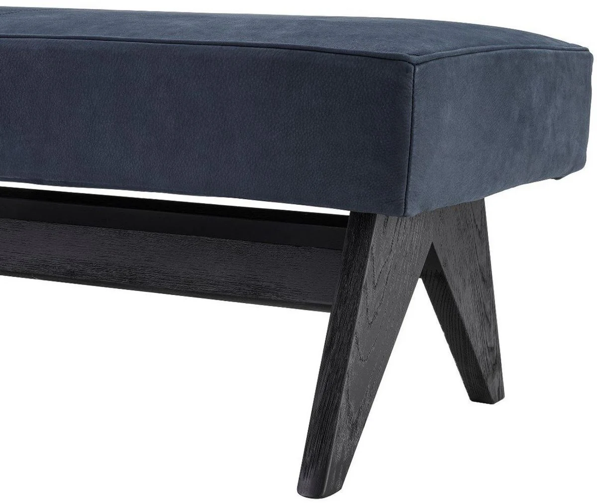 Casa Padrino banco de piel genuina de lujo azul / negro 164 x 54 x A. 44 cm - Banco de madera maciza tapizado con cuero de búfalo nobuck fino - Muebles de Lujo
