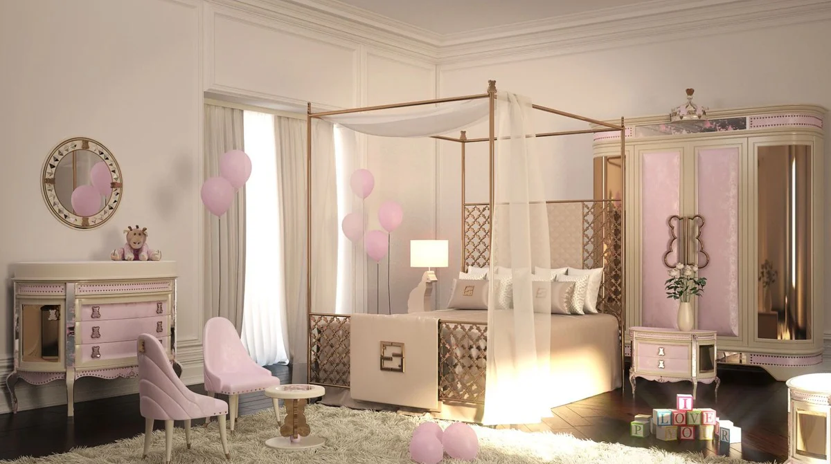 Casa Padrino mesita de noche barroco de lujo rosa / beige - Magnífica mesita de noche para niños - Muebles de habitación para niños barrocos - Calidad de Lujo - Hecho en Italia