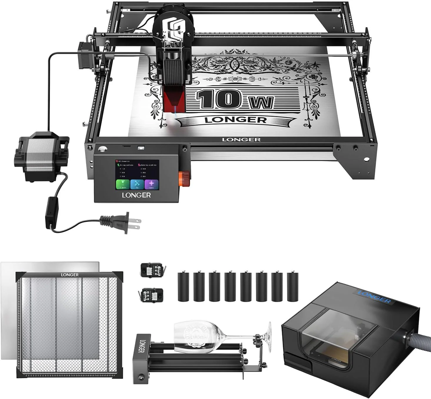 Longer RAY5 10W Laser Cutter and Laser Engraver for Tumblers, Rotary Roller Bundle, 17.3x 17.3 Working Bed, Enclosure with Vent, and Air Pump, Laser Engraver for Wood and Metal, Acrylic