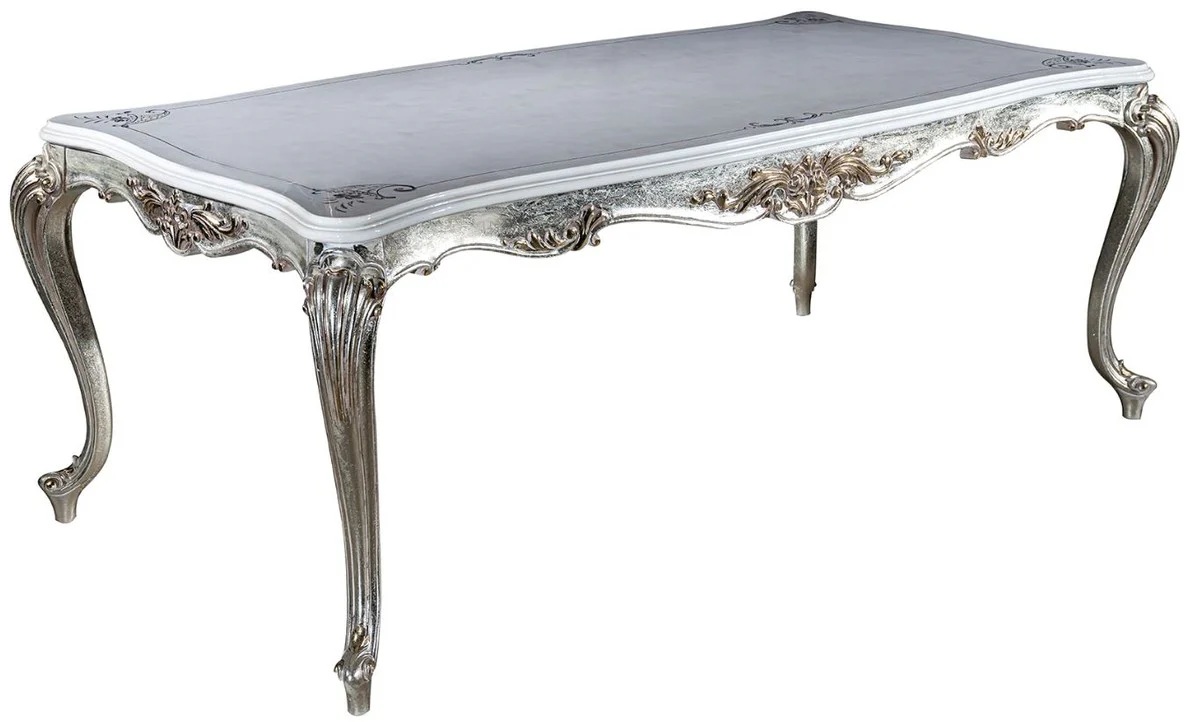 Casa Padrino mesa de comedor barroco de lujo blanco / plata / oro 207 x 112 x A. 82 cm - Mesa de comedor de madera maciza - Muebles de comedor barroco noble