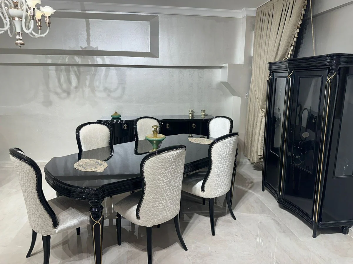 Casa Padrino conjunto de comedor barroco de lujo crema / negro / oro - 1 Mesa de comedor y 6 sillas de comedor