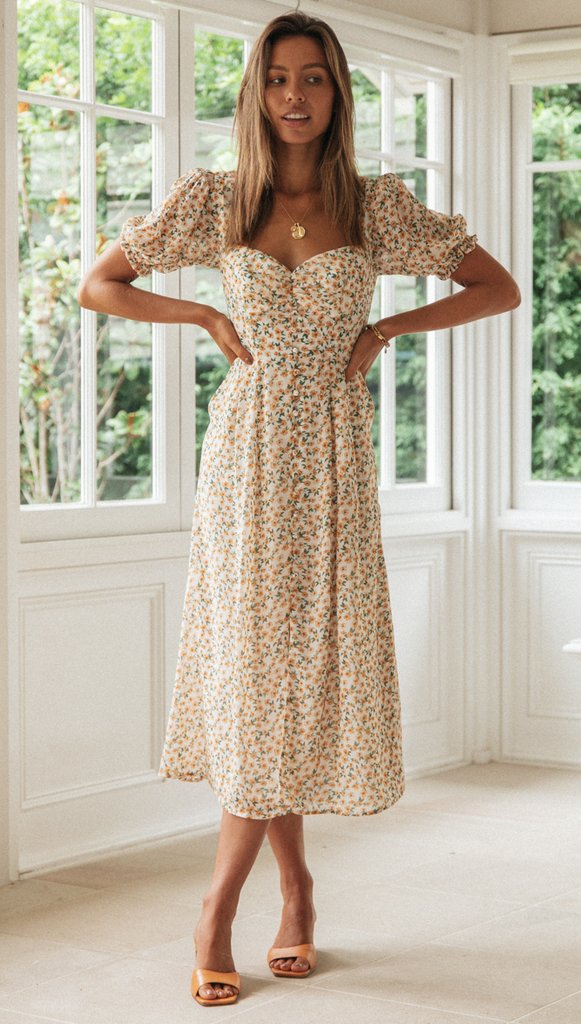 Women's Puff Sleeve Printed Slit Dress