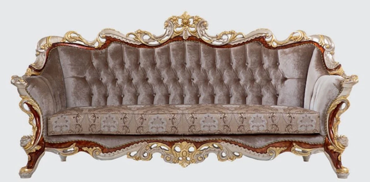 Casa Padrino sof¨¢ barroco de lujo gris / marr¨®n / plata / oro 255 x 95 x A. 118 cm - Magn¨ªfico sof¨¢ de sal¨®n con patr¨®n elegante - Muebles de estilo barroco