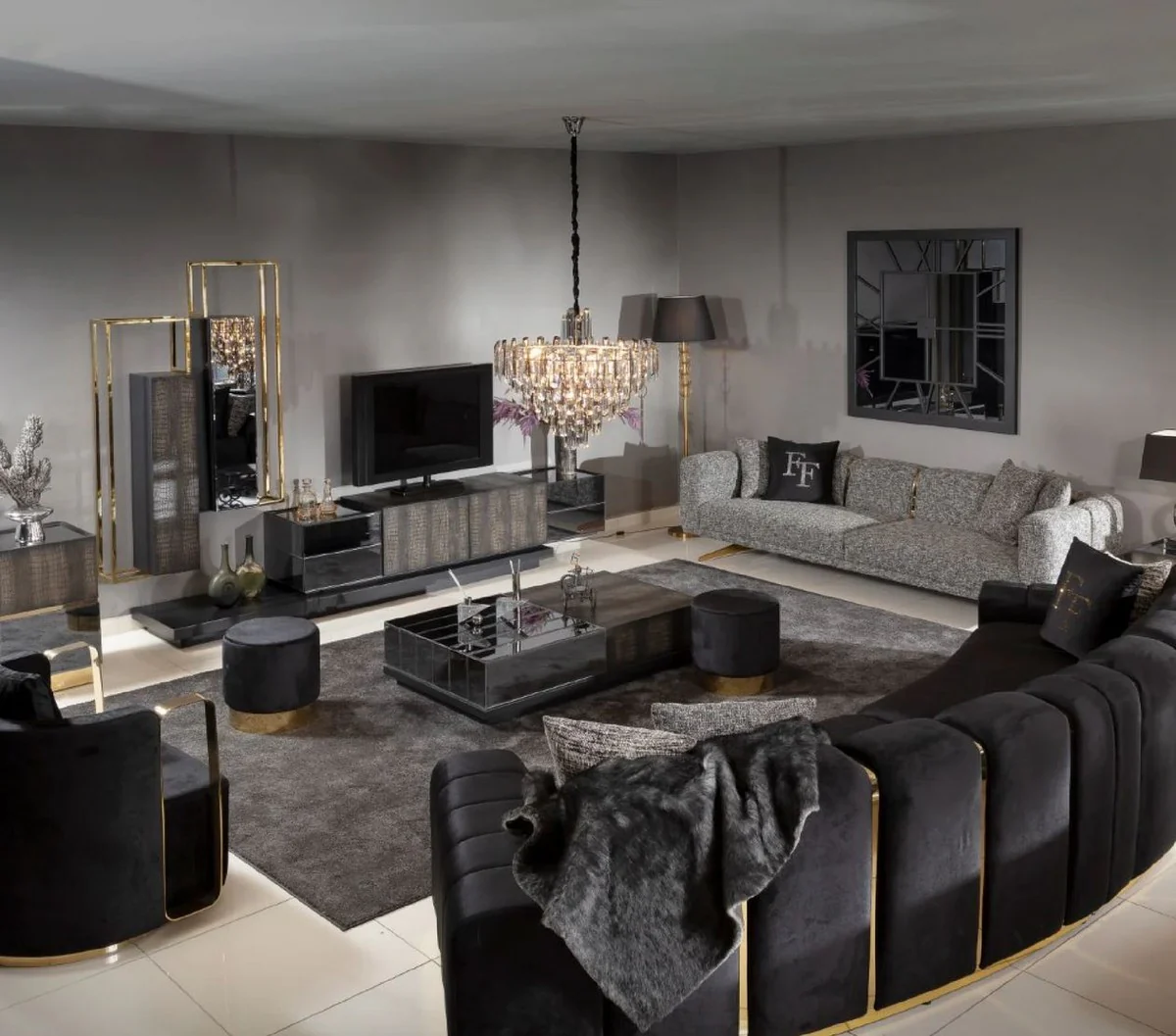 Casa Padrino sof¨¢ de lujo de 5 plazas negro / oro 420 x 100 x A. 80 cm - Sof¨¢ de sal¨®n curvo - Sof¨¢ de hotel - Muebles de sal¨®n - Muebles de hotel - Muebles de lujo - Interiores de lujo