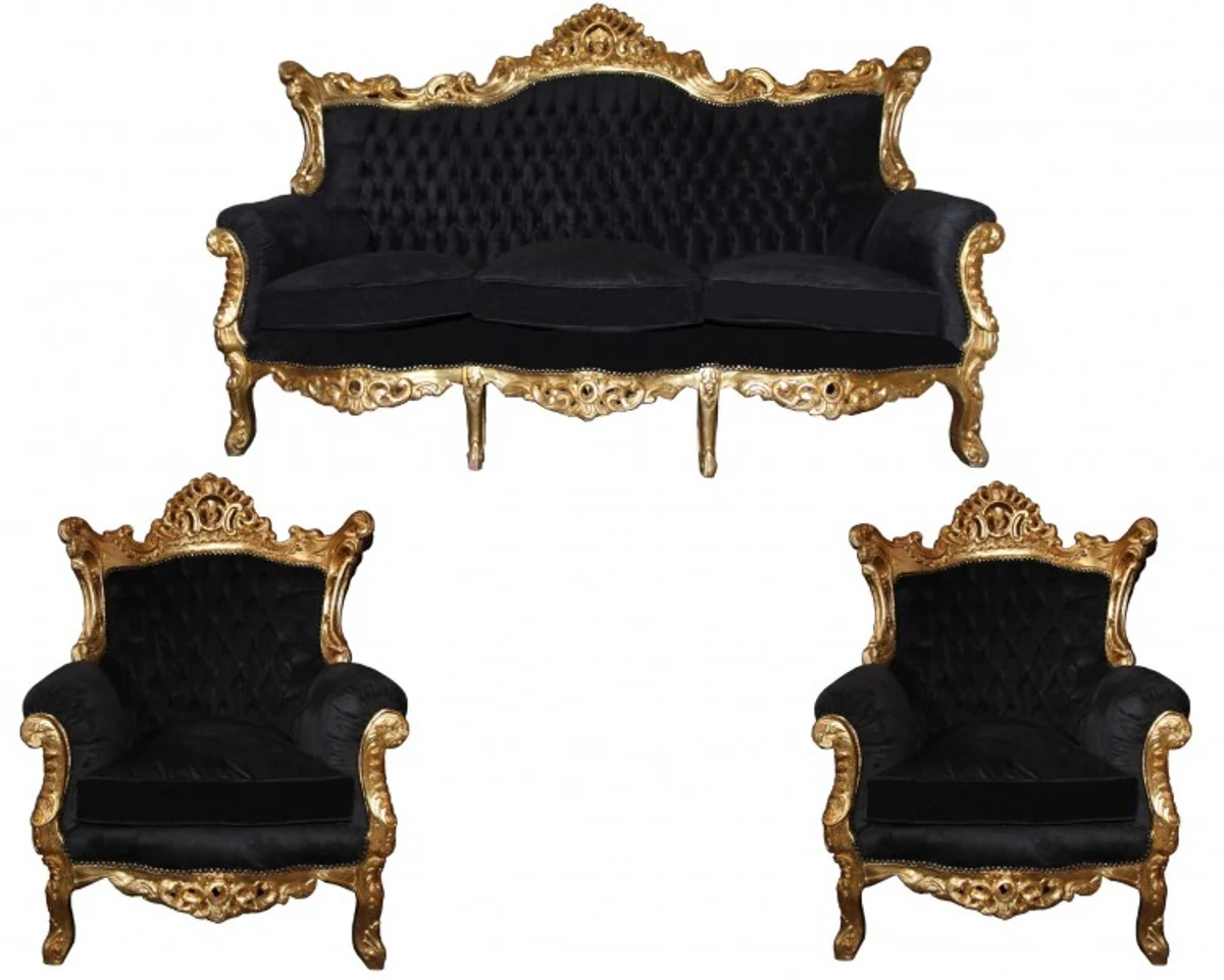 Casa Padrino Baroque Living Room Set Master Black / Gold Mod2 - 3 seater sofa + 2 armchairs