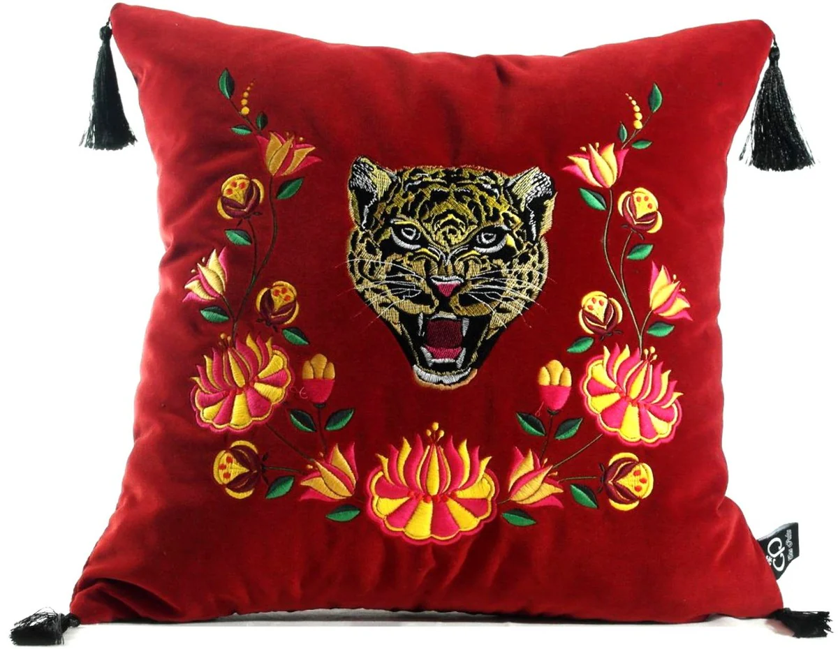 Casa Padrino almohada de lujo con borlas tigre rojo / multicolor 45 x 45 cm - Tejido de Terciopelo M¨¢s Fino - Calidad de Lujo