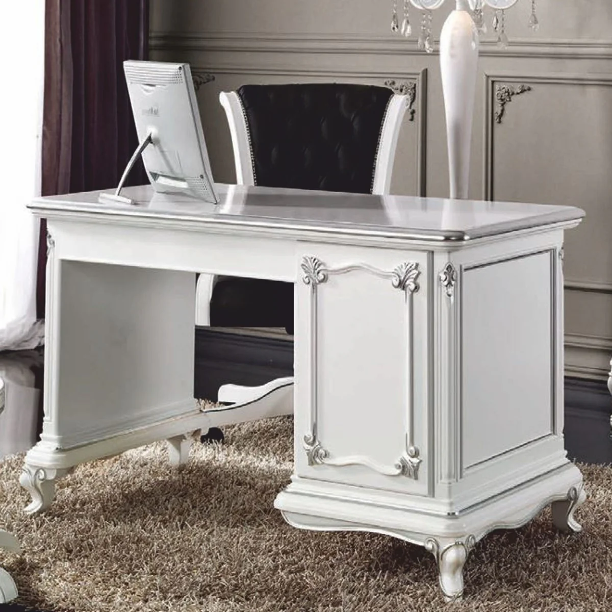 Casa Padrino Escritorio Barroco de Lujo Blanco / Plata 126 cm - Muebles de Oficina Barrocos - Hecho en Italia