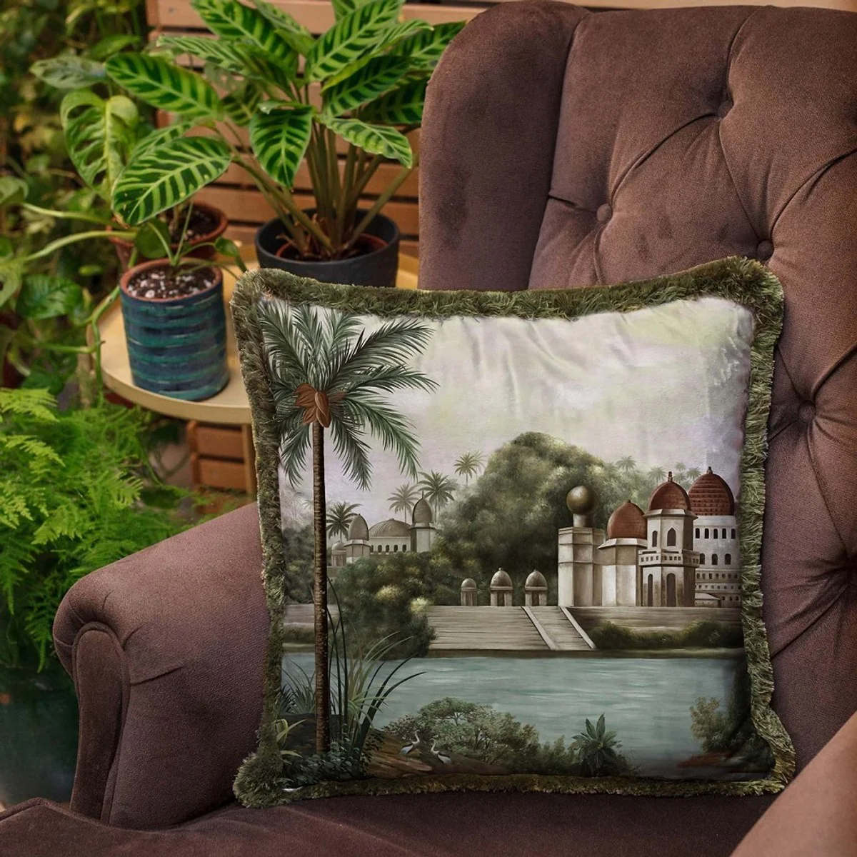 Casa Padrino cojín decorativa de lujo palacio multicolor / verde 45 x 45 cm - Almohada de terciopelo estampado con flecos - Accesorios decorativos de lujo