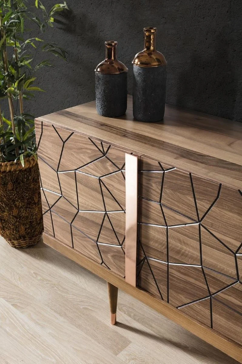 Casa Padrino conjunto de muebles de lujo marr¨®n / cobre - 1 Aparador con 4 Puertas y 1 Espejo - Muebles modernos de madera maciza - Colecci¨®n de Lujo