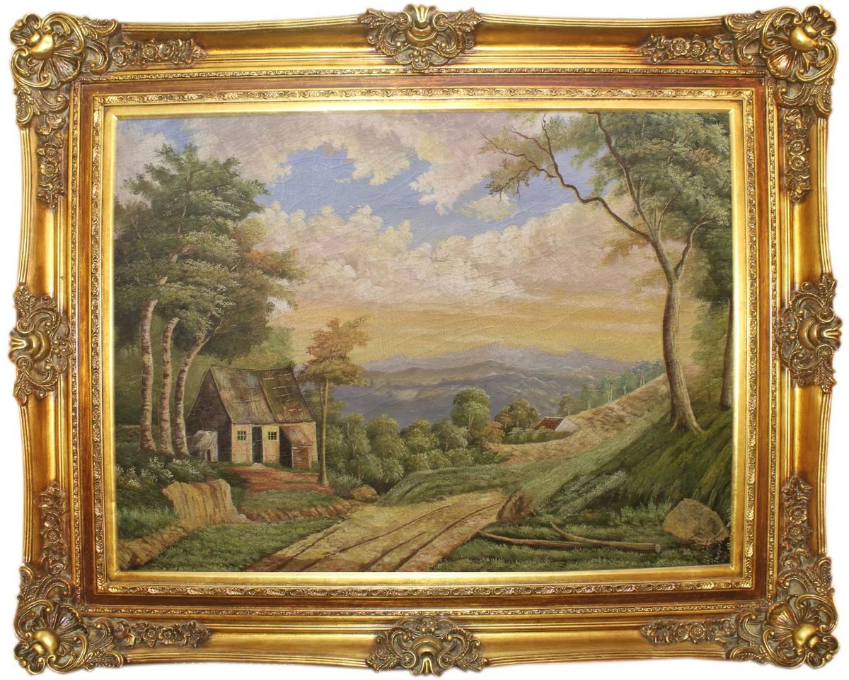 Casa Padrino pintura al óleo barroco Paisaje multicolor / oro 160 x 10 x A. 130 cm - Pintura pintada a mano con marco magnífico en estilo barroco - Decoración de Pared en Estilo Barroco