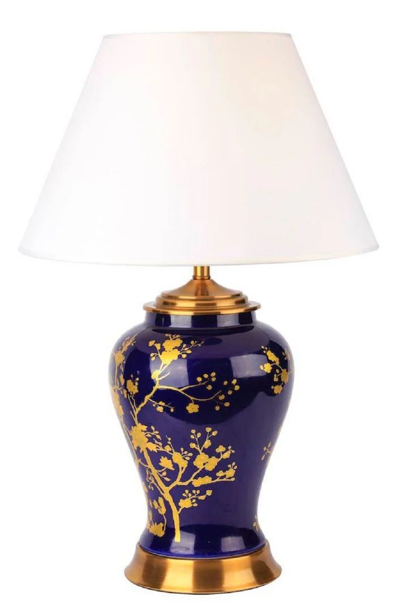 Casa Padrino lámpara de mesa de cerámica de lujo azul / oro / blanco Ø 42 x A. 62 cm - Lámpara de escritorio redonda de cerámica con pantalla - Luces de cerámica de lujo