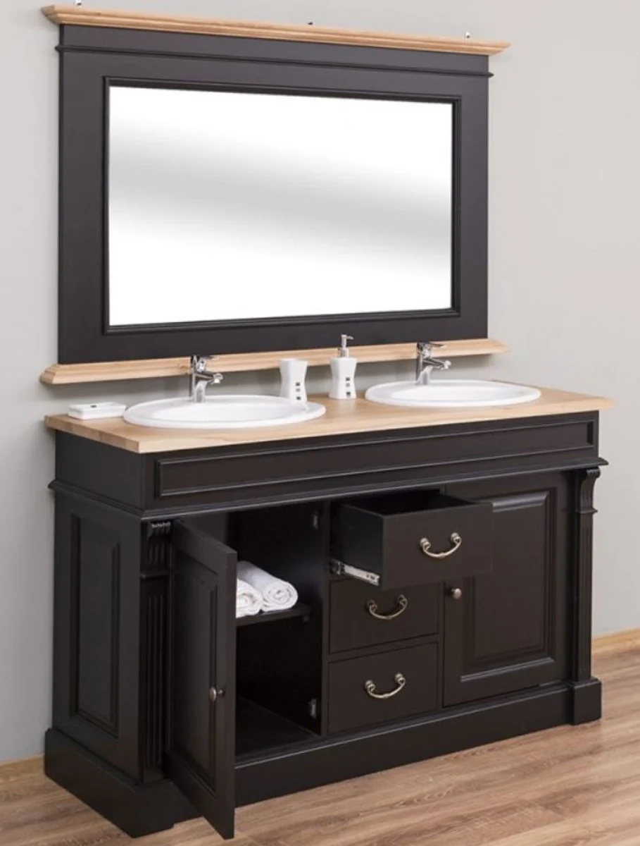 Casa Padrino Conjunto de Baño de Estilo Campestre Negro / Natural - 1 Gabinete del Fregadero Doble y 1 Espejo de Pared - Muebles de Baño de Madera Maciza en Estilo Campestre