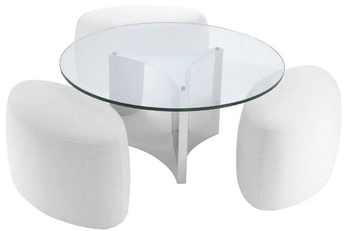 Casa Padrino mesa de centro de lujo blanco / plata ? 104 x A. 46,5 cm - Mesa de sal¨®n redonda de acero inoxidable con tapa de vidrio y 3 taburetes elegantes - Muebles de sala - Muebles de lujo