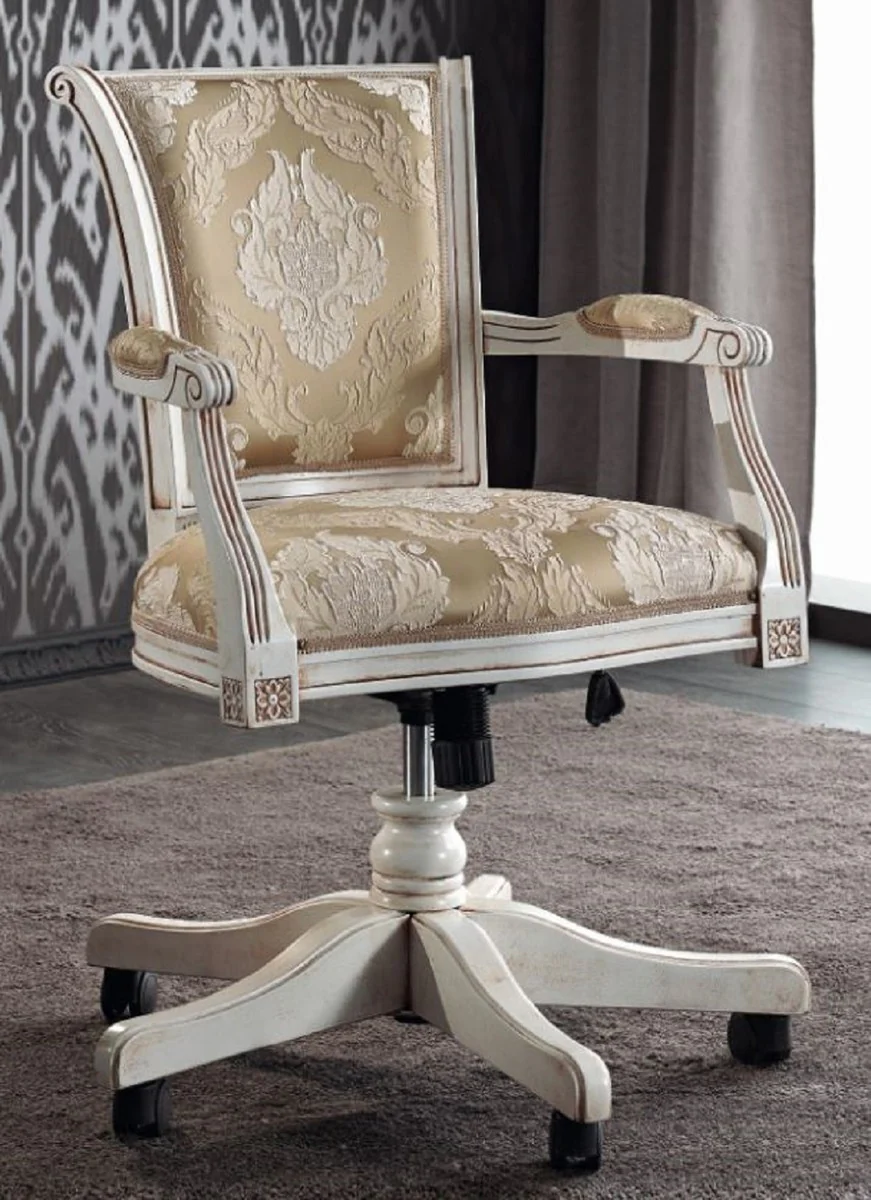 Casa Padrino silla de oficina barroca de lujo oro / blanco 58 x 48 x A. 89-99 cm - Silla de escritorio con patr¨®n elegante - Muebles de oficina barrocos - Calidad de Lujo - Hecho en Italia