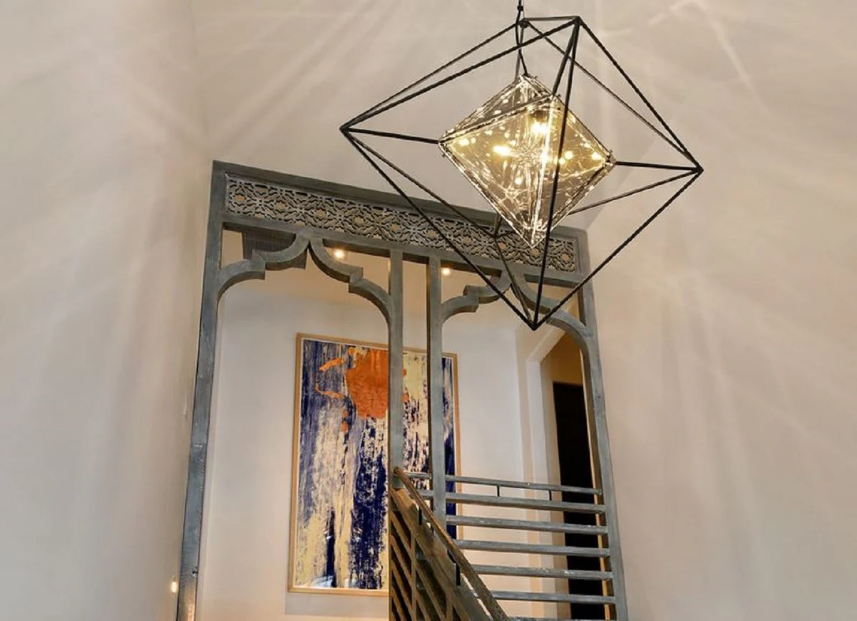 Casa Padrino Lámpara Colgante LED de Lujo 76,2 x 76,2 x H. 106,7 cm - Lámpara de Diseño con Marco de Hierro Forjado Hecho a Mano