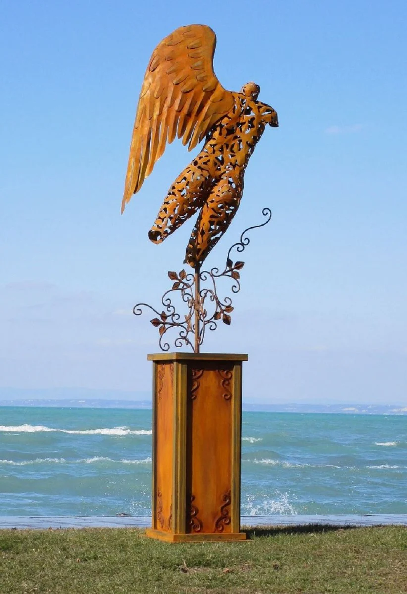 Casa Padrino escultura de decoración de jardín de lujo ángel en columna óxido 53 x 98 x A. 300 cm - Gran figura decorativa de acero - Figura de Jardín - Decoración de Jardín de Hotel