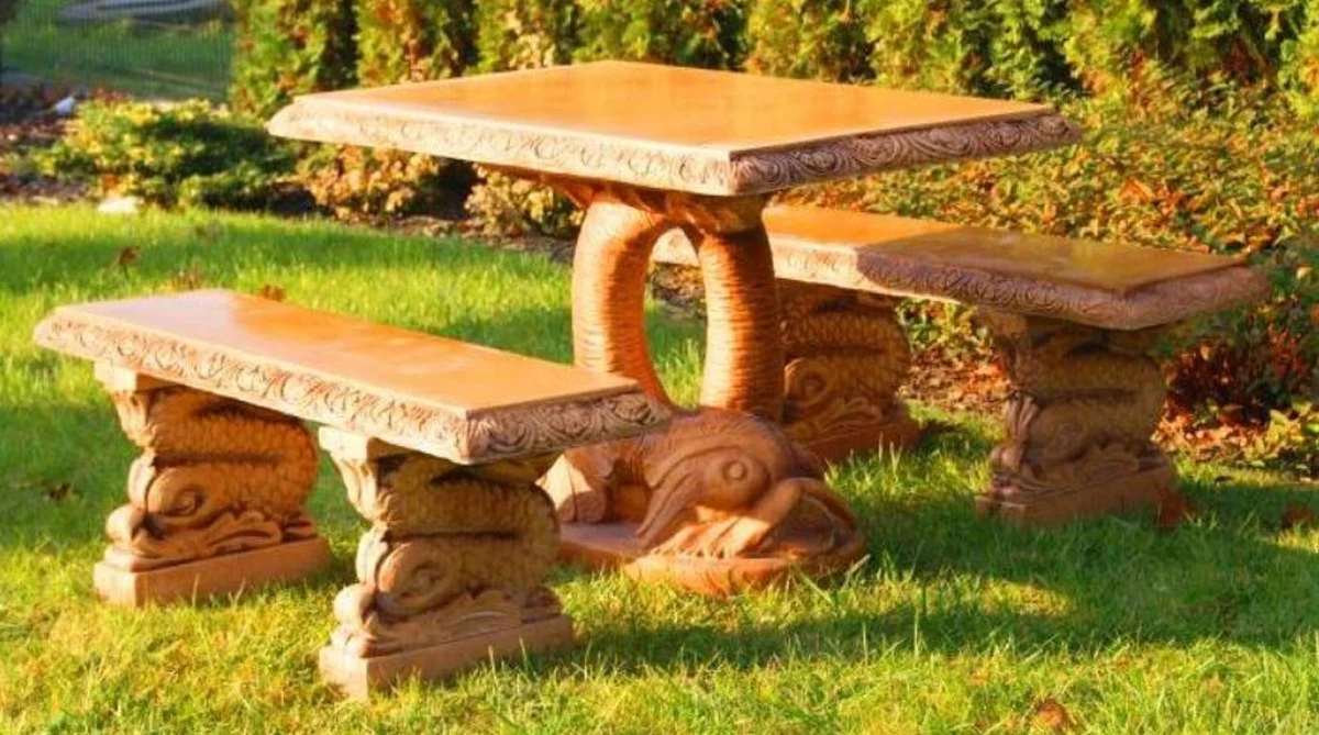 Casa Padrino Conjunto de Muebles de Jardín de Piedra Pez Beige - 1 Mesa de Jardín Oriental & 2 Bancos de Jardín Oriental - Muebles de Jardín y Terraza Oriental