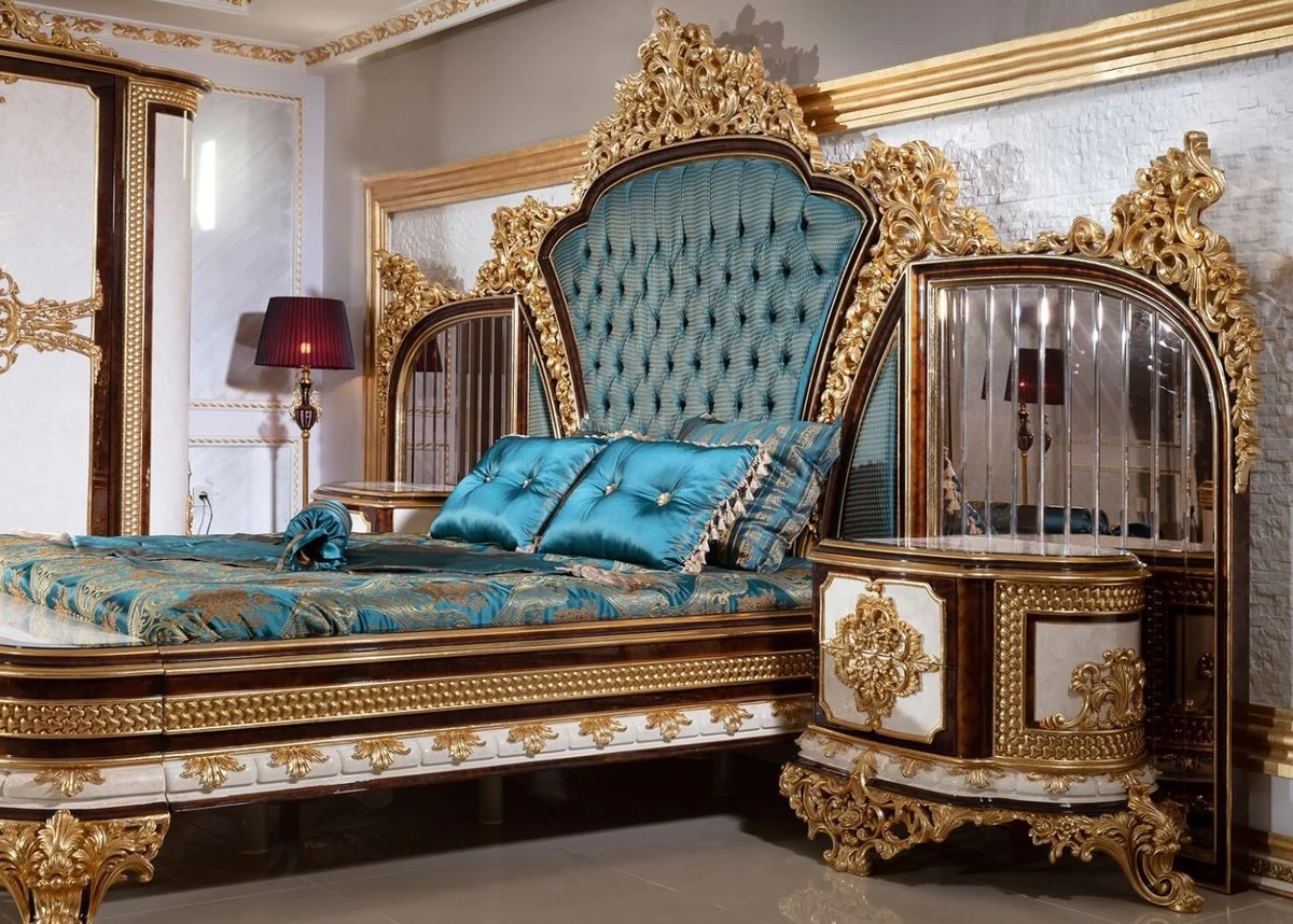 Casa Padrino conjunto de dormitorio barroco de lujo azul / blanco / marrón / oro - 1 Cama Doble con Cabecera y 2 Mesitas de Noche - Muebles de dormitorio barroco - Noble y Magnífico