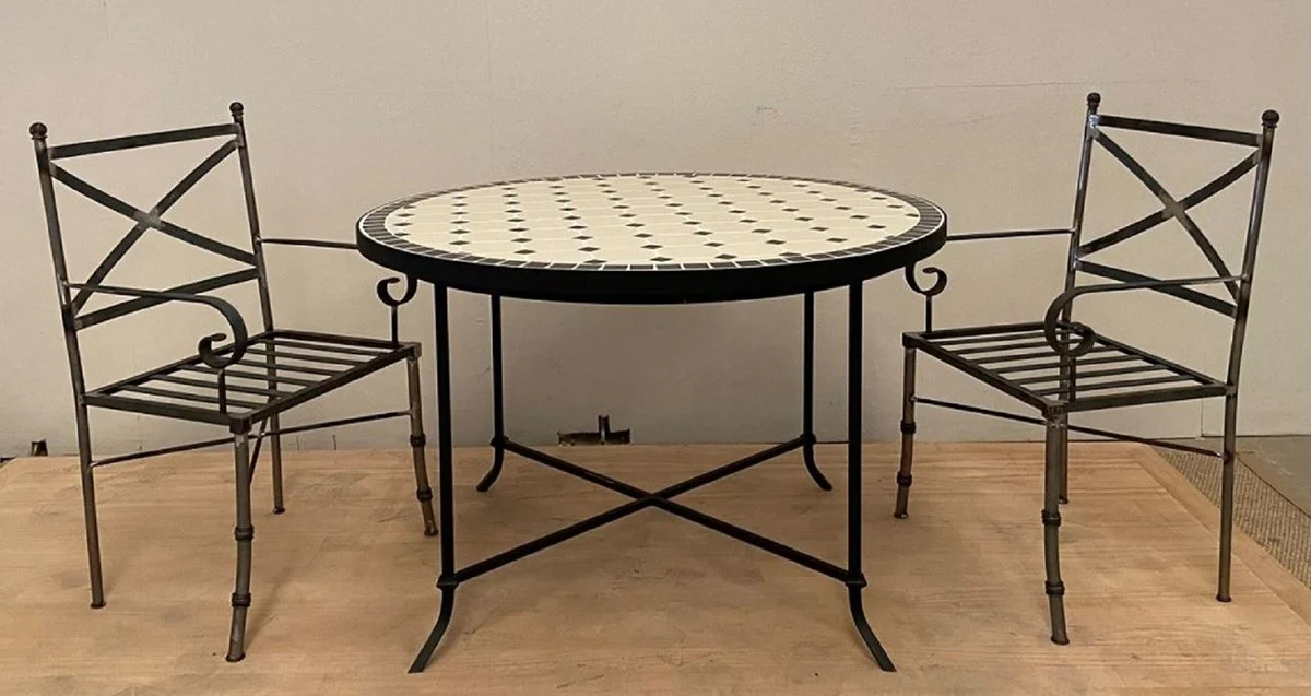 Casa Padrino mesa de comedor Art Nouveau de lujo crema / negro ? 120 x A. 75 cm - Mesa de jard¨ªn redonda de hierro forjado con tablero de mosaicos de cer¨¢mica - Muebles de jard¨ªn y comedor