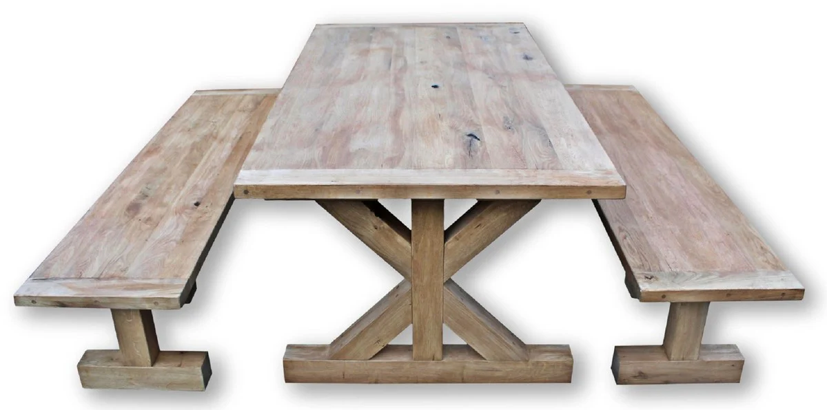 Casa Padrino conjunto de comedor de madera maciza natural - Mesa de Comedor de Madera de Roble con 2 Bancos - Muebles de comedor - Muebles de restaurante - Muebles r¨²sticos de roble