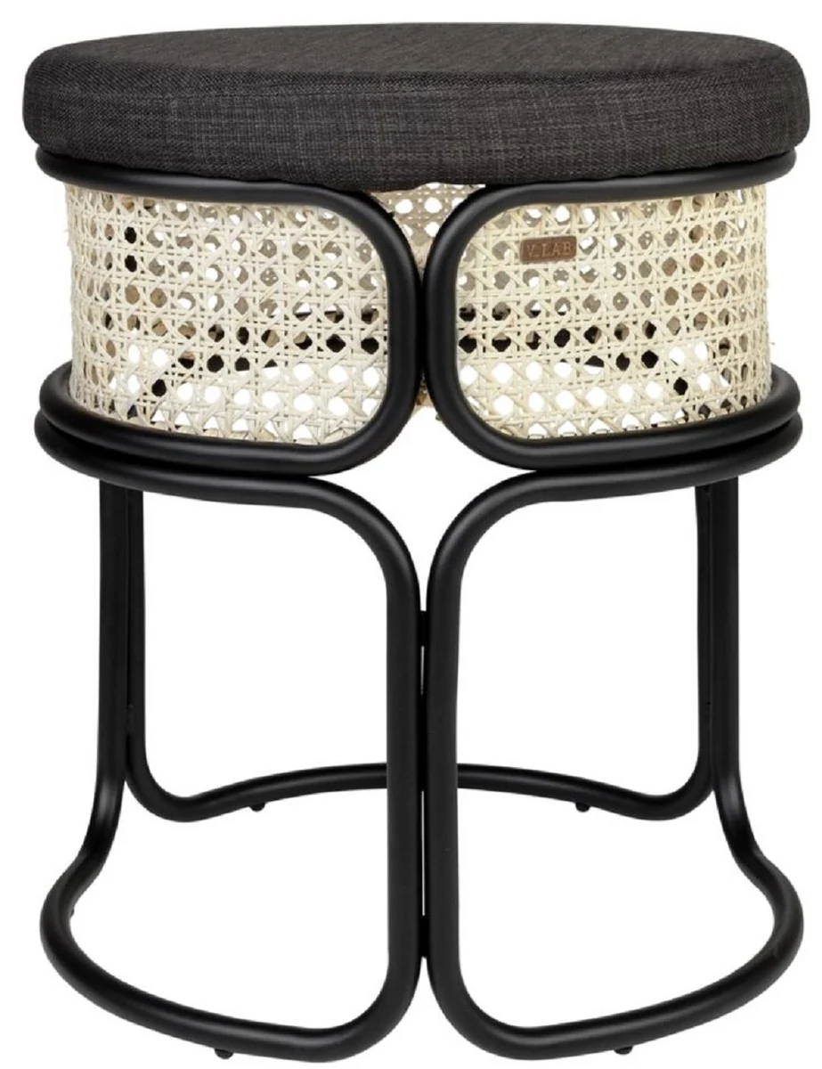 Casa Padrino taburete de dise?o negro / natural ? 40.5 x A. 49 cm - Taburete redondo tapizado con tejido fino de rat¨¢n y estructura de acero con revestimiento en polvo