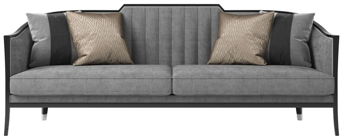 Casa Padrino sof¨¢ de terciopelo Art Deco de lujo gris / negro / plata 250 x 95 x A. 93 cm - Sof¨¢ de sal¨®n noble - Calidad de Lujo - Muebles Art Deco