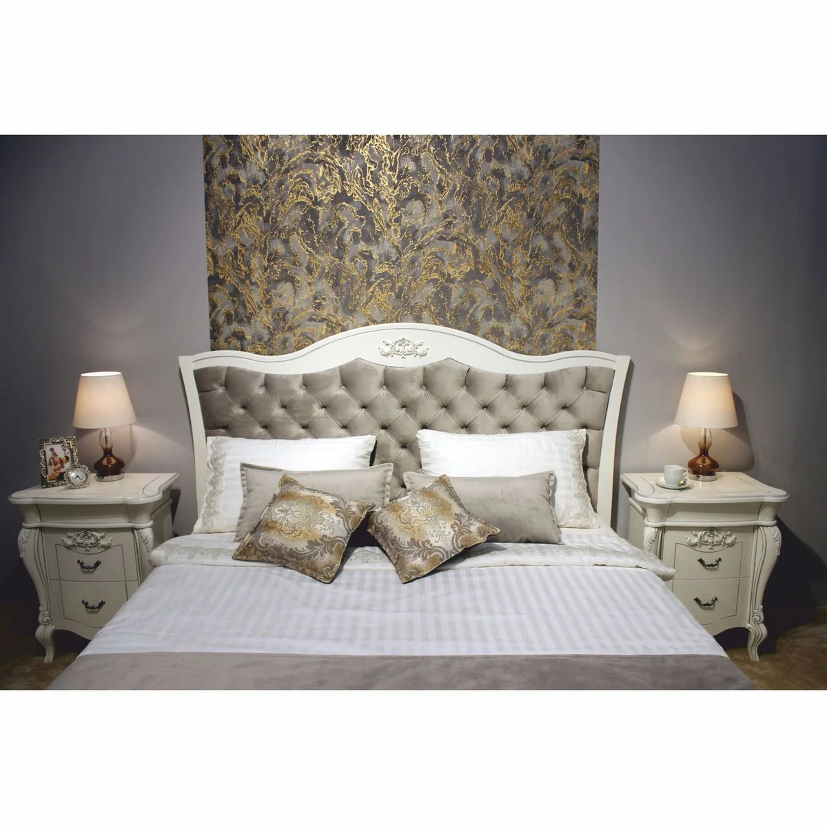 Casa Padrino cama doble barroco de lujo de madera maciza blanco / gris - Muebles de dormitorio barrocos