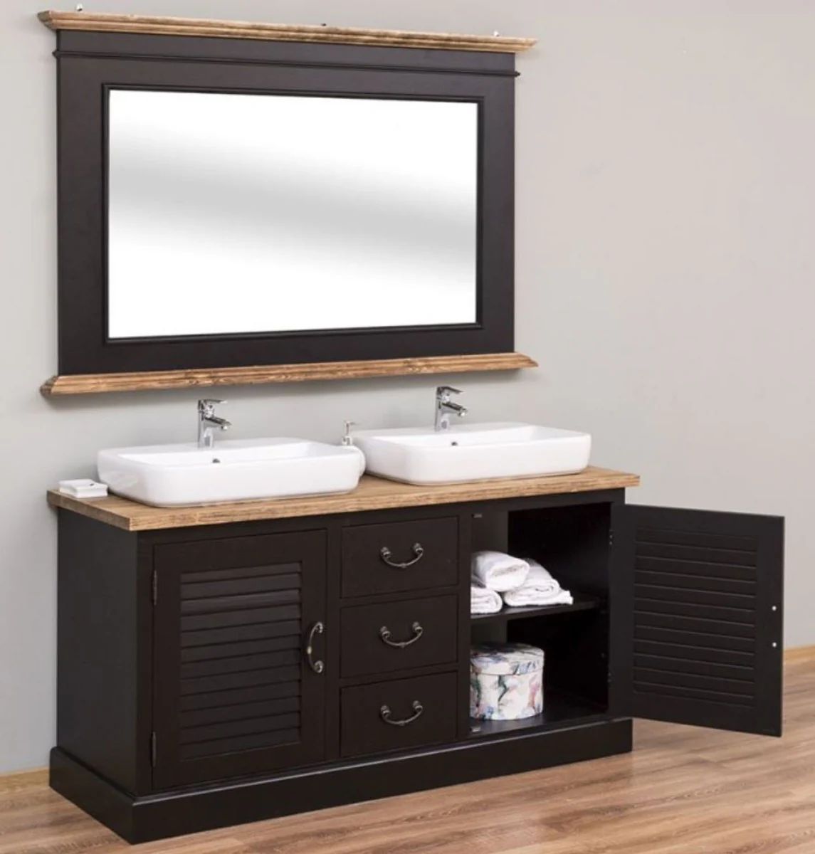 Casa Padrino Conjunto de Baño de Estilo Campestre Negro / Natural - 1 Gabinete del Fregadero Doble y 1 Espejo de Pared - Muebles de Baño Estilo Campestre