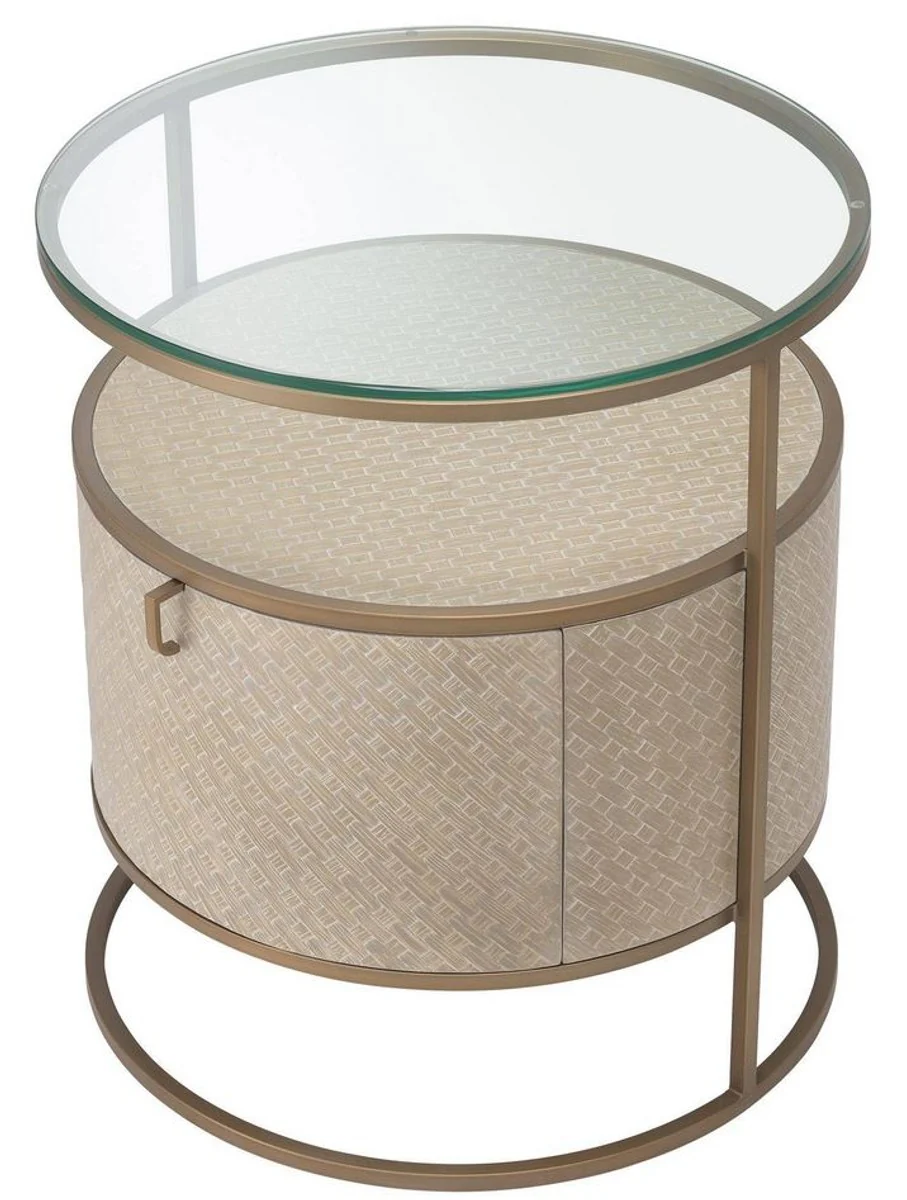 Casa Padrino mesita de noche de lujo beige / latón Ø 50 x H. 56 cm - Mesa Auxiliar Redonda con Cajón y Tapa de Vidrio - Muebles de Dormitorio de Lujo