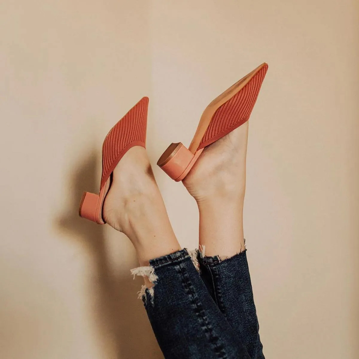 Pointed Toe Mules for Women Breathable Knit Slip-on Flat Shoes