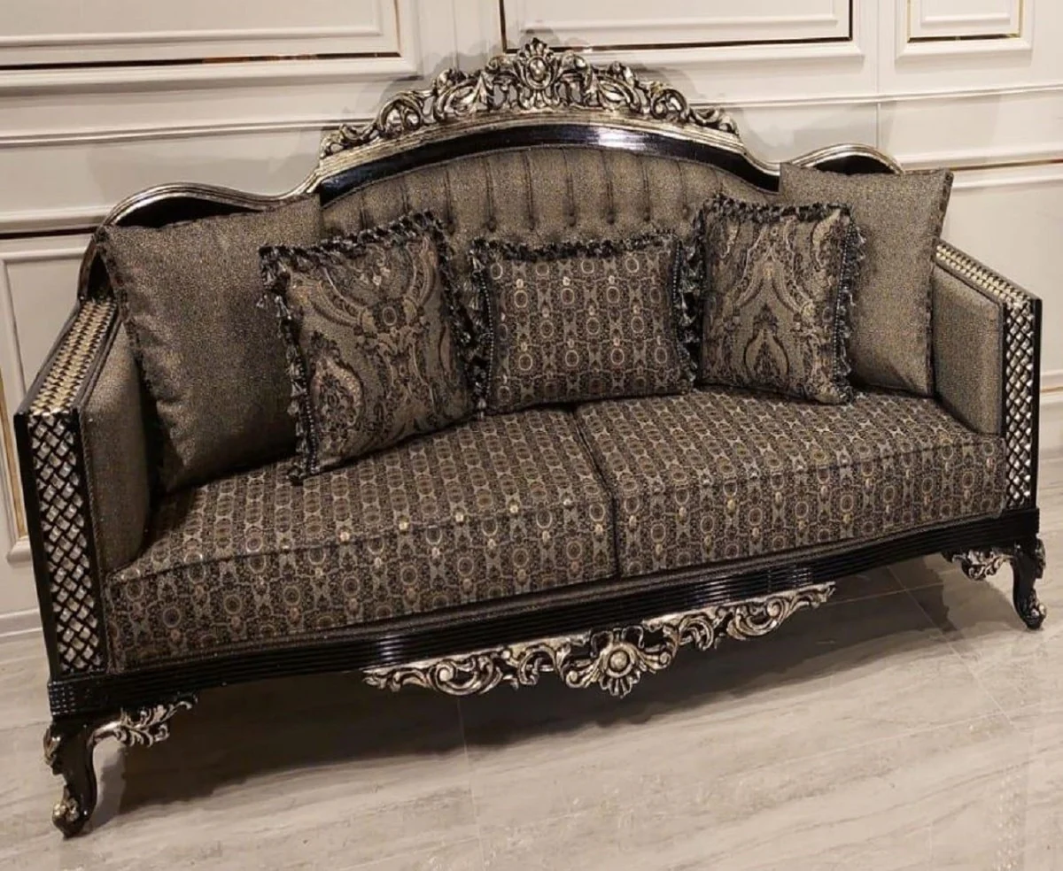 Casa Padrino sof¨¢ barroco de lujo gris / negro / oro - Magn¨ªfico sof¨¢ de sal¨®n con patr¨®n elegante - Muebles Barrocos - Noble y Magn¨ªfico