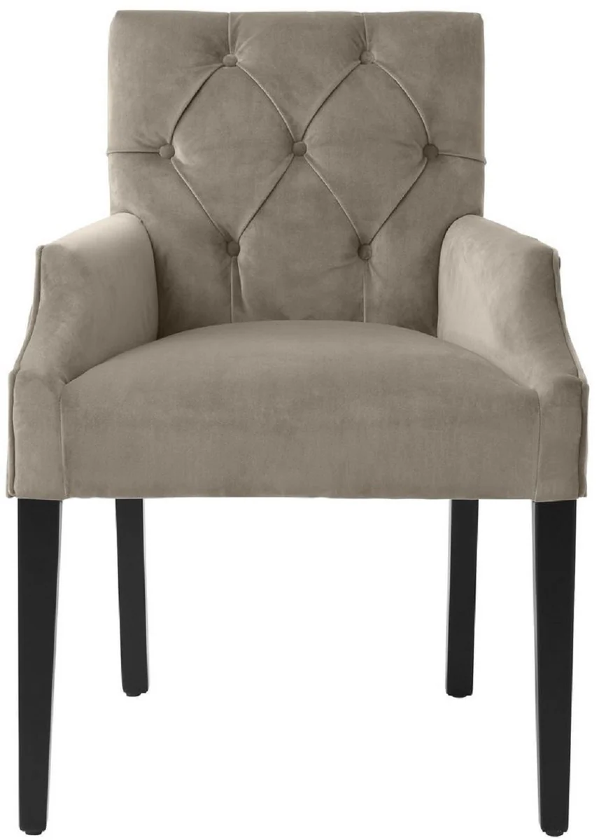 Casa Padrino silla de comedor de lujo con reposabrazos greige / negro 63 x 65 x A. 90 cm - Silla de Cocina Chesterfield con Terciopelo Fino - Muebles de Comedor de Lujo