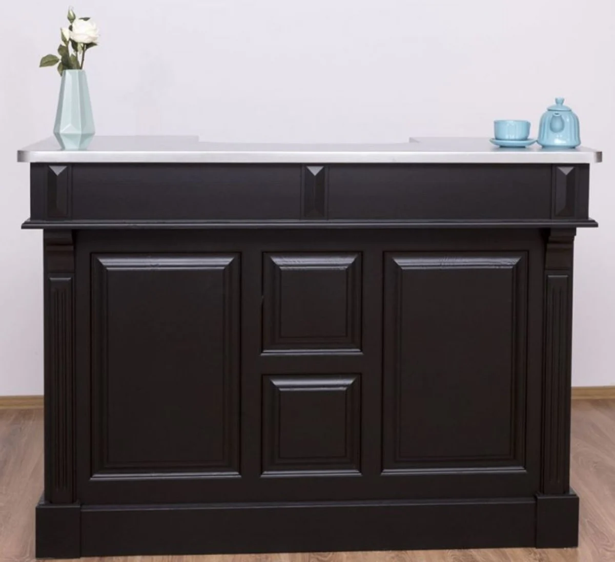 Casa Padrino barra de bar de estilo campestre negro / plata 150 x 65 x A. 107 cm - Barra de bar de madera maciza con sobre de mesa galvanizado - Muebles de bar en estilo campestre