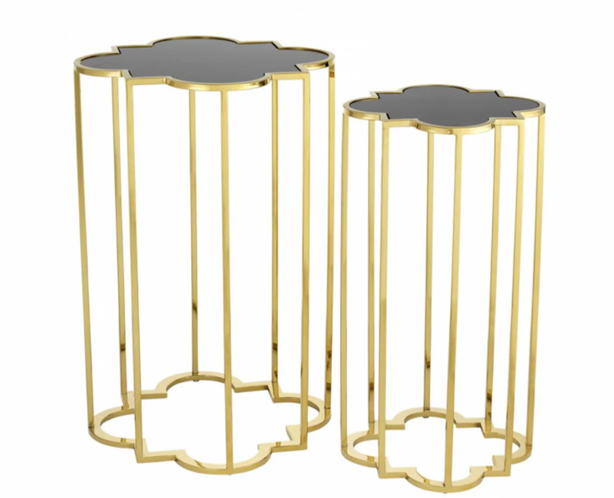 Casa Padrino luxury art deco designer side table set of 2 gold with black glass - Designer Side Table Furniture