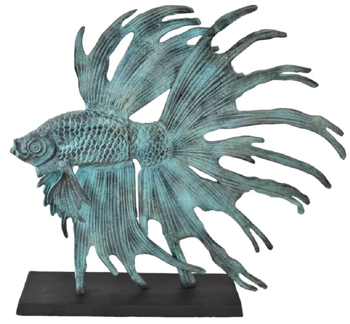 Casa Padrino escultura decorativa de aluminio de lujo pez luchador siamés turquesa / negro 55 x 11,5 x A. 52,5 cm - Figura de aluminio con base de madera - Decoración de salón y de escritorio