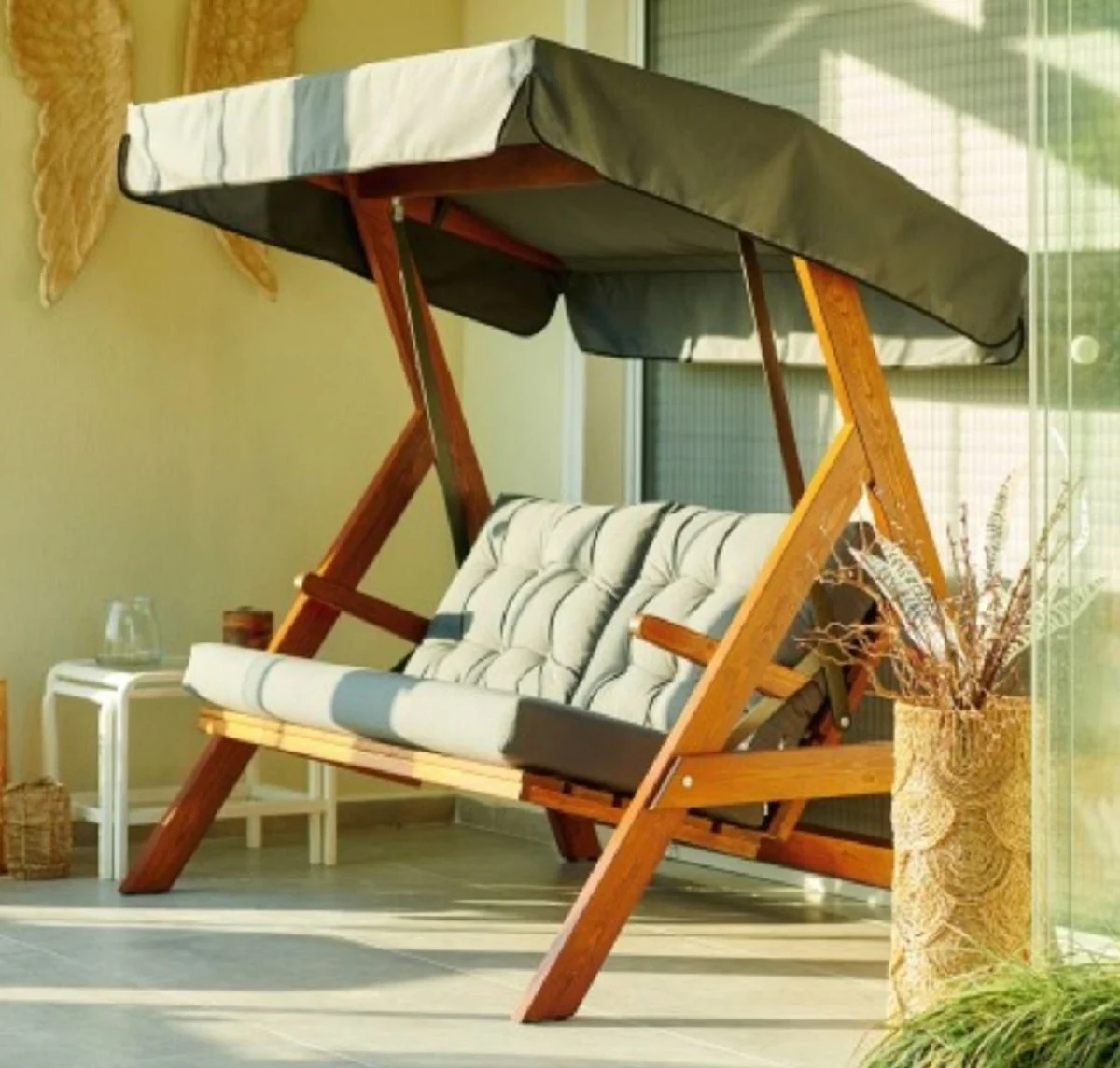 Casa Padrino columpio de Hollywood de lujo verde / marr¨®n - Columpio de jard¨ªn resistente a la intemperie con toldo para el sol - Muebles de Terraza y de Jard¨ªn - Muebles de Lujo