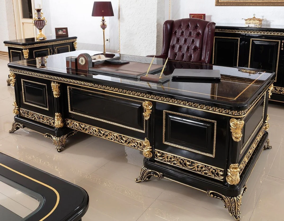 Casa Padrino conjunto de muebles de oficina barrocos de lujo rojo burdeos / negro / oro - 1 Escritorio Barroco con y 1 Silla de Oficina Barroco Chesterfield con Cuero Artificial Fino
