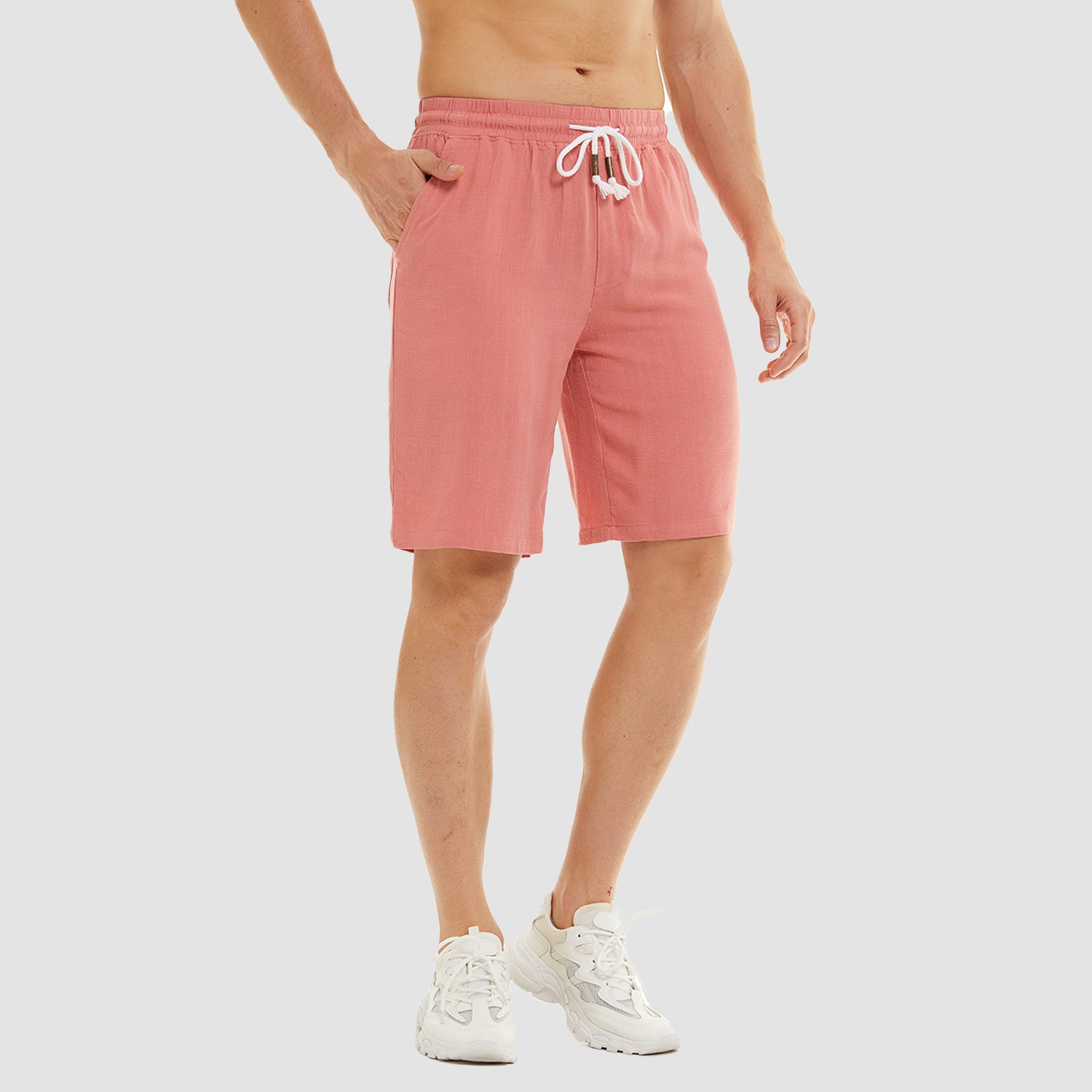 Men Linen Cotton Shorts Fashion Solid Color Drawstring Elastic Waist