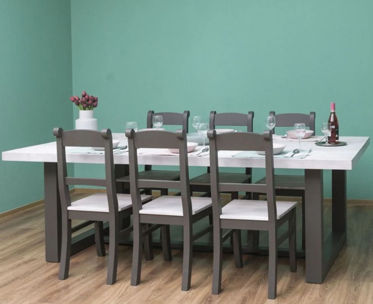 Casa Padrino conjunto de muebles de comedor de estilo campestre gris claro / gris - 1 Mesa de Comedor y 6 Sillas de Comedor - Muebles de comedor de madera maciza - Muebles de estilo campestre