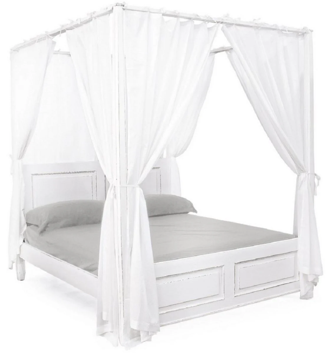 Casa Padrino cama doble de estilo campestre blanco antiguo 175 x 209 x A. 210 cm - Cama de madera maciza con cortinas de algod¨®n - Muebles de dormitorio en estilo campestre