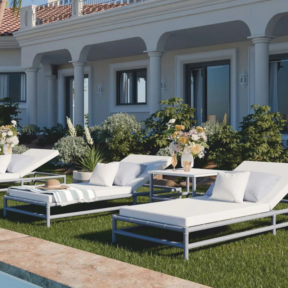 Casa Padrino Tumbona de Jard¨ªn de Lujo Gris / Blanco 210 cm - Muebles de Hotel y Jard¨ªn