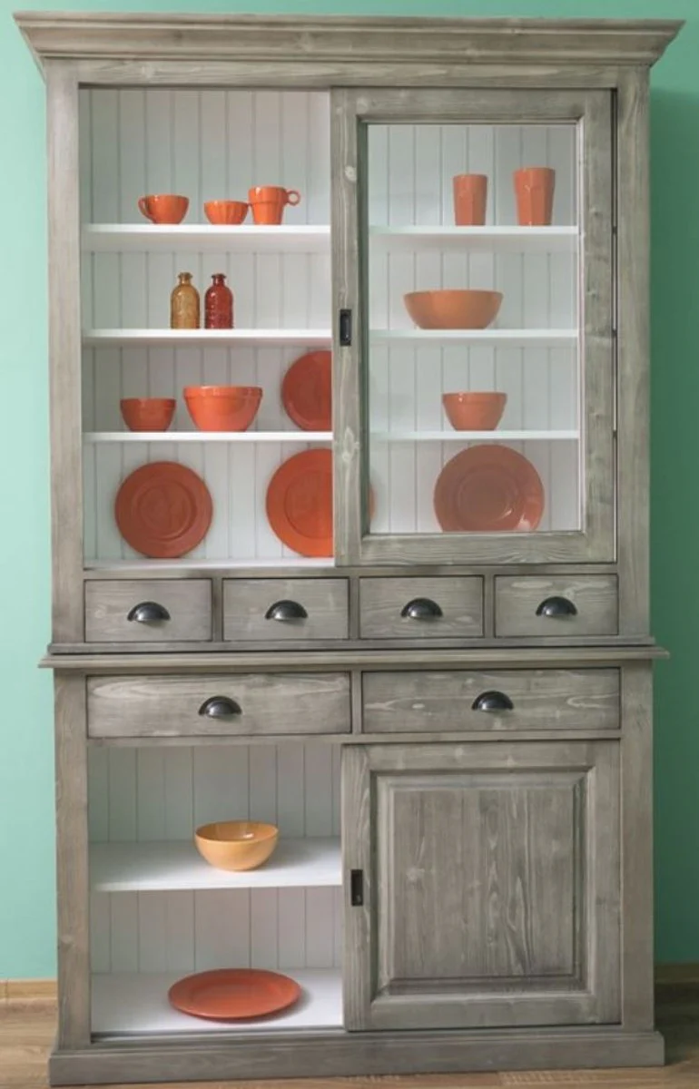 Casa Padrino armario de cocina de estilo campestre gris / blanco 142 x 48 x A. 225 cm - Armario de 2 piezas con 4 puertas correderas y 6 cajones - Muebles de Cocina de Estilo Campestre