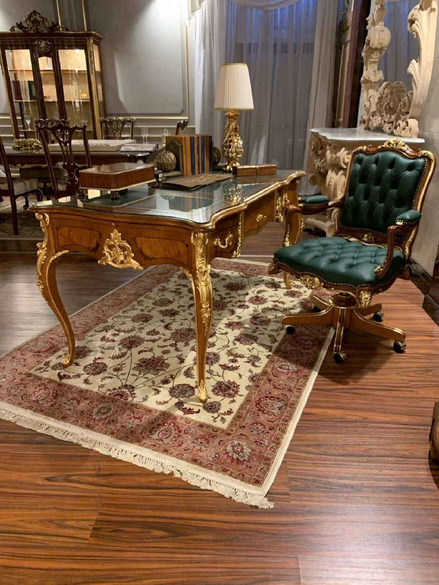 Casa Padrino escritorio barroco de lujo marr¨®n / oro 156 x 88 x A. 80 cm - Magn¨ªfica mesa de oficina de madera maciza hecha a mano con tapa de vidrio - Mobiliario de oficina - Calidad de Lujo