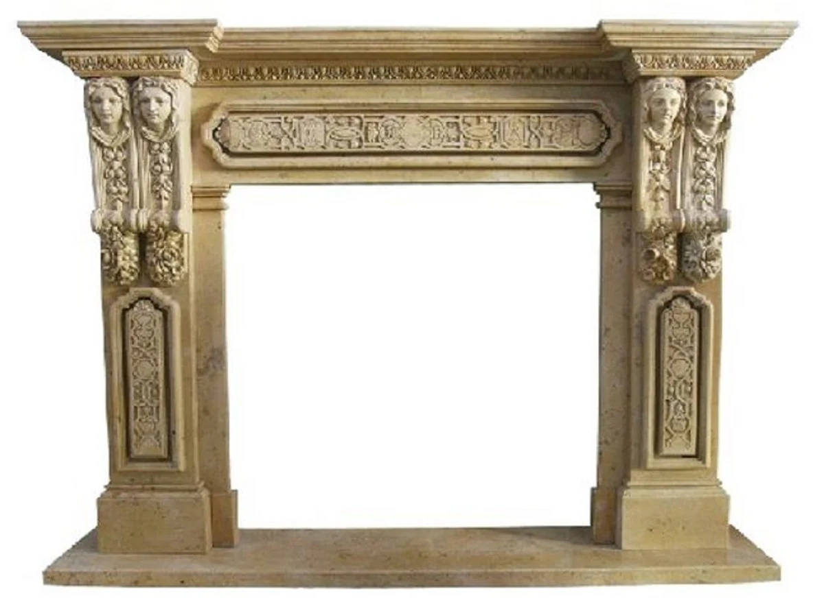 Casa Padrino marco de chimenea barroco de lujo amarillo 200 x 38 x A. 150 cm - Marco de chimenea hecho a mano de m¨¢rmol de alta calidad - Accesorios de decoraci¨®n de chimeneas - Muebles de m¨¢rmol barroco