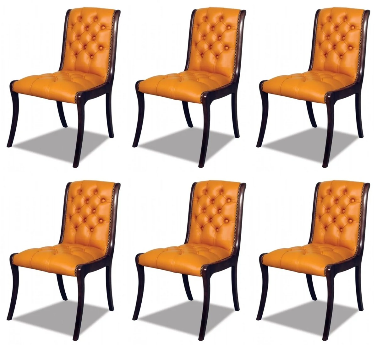 Casa Padrino Conjunto de Sillas de Comedor Chesterfield de Cuero de Lujo de 6 Naranja / Marr¨®n Oscuro 50 x 47 x A. 95 cm - Sillas de Cocina de Cuero Genuino - Muebles Chesterfield de Cuero de Lujo