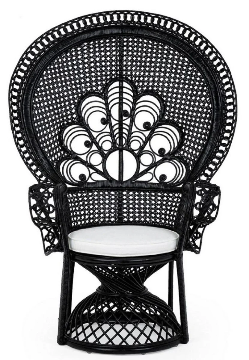 Casa Padrino sill¨®n de jard¨ªn de lujo negro / blanco 106 x 71 x A. 148 cm - Sill¨®n de rat¨¢n de estilo vintage con coj¨ªn de asiento - Muebles de rat¨¢n de estilo vintage - Muebles de jard¨ªn y patio