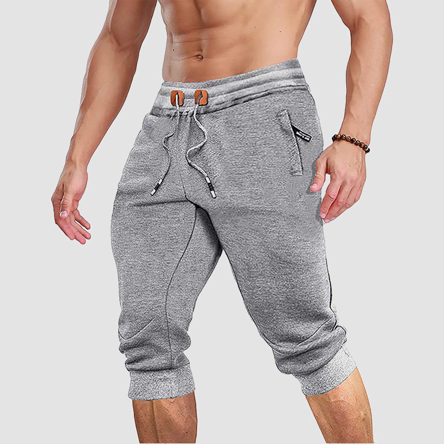 Men Capris Joggers with Zipper Pocket Drawstring Tapered Training Shorts