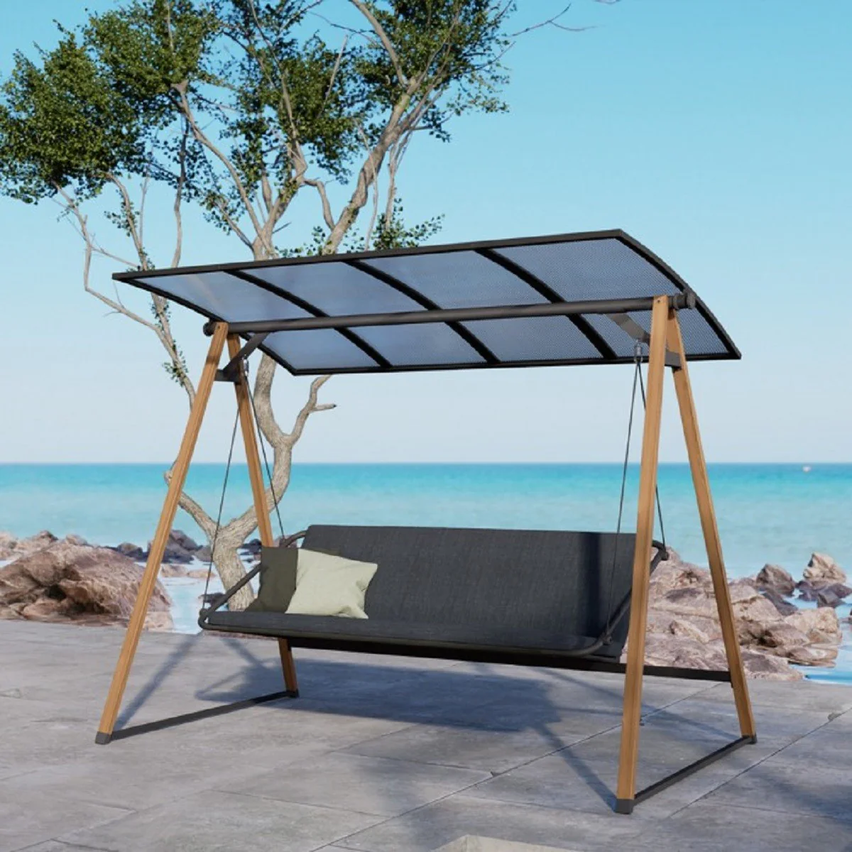 Casa Padrino columpio de Hollywood de lujo gris / marr¨®n - Columpio de jard¨ªn con toldo para el sol