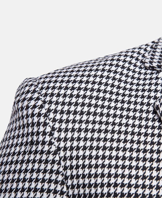 Houndstooth Tweed Contrast Trim Notch Lapel Single Breasted Blazer